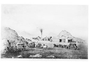 Drawing by Edward Vischer depicting the relais stables of the California Southern Overland Stage Line in San Luis Obispo, ca.1865-1875