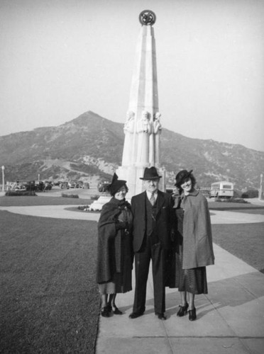 Ethel Schultheis and parents by Astronomers Monument at Griffith Observatory