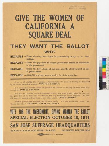 "Give the Women of California a Square Deal: They want the Ballot," women's suffrage leaflet