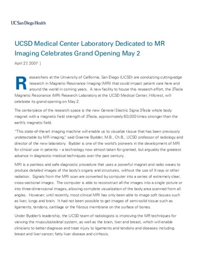 UCSD Medical Center Laboratory Dedicated to MR Imaging Celebrates Grand Opening May 2 - News from UC San Diego