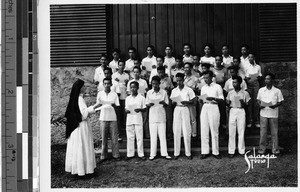 Sister Patricia Marie, MM with boys' glee club, Malabon, Philippines, 1948