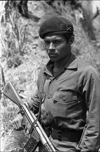Soldier on patrol, Morazán, 1983