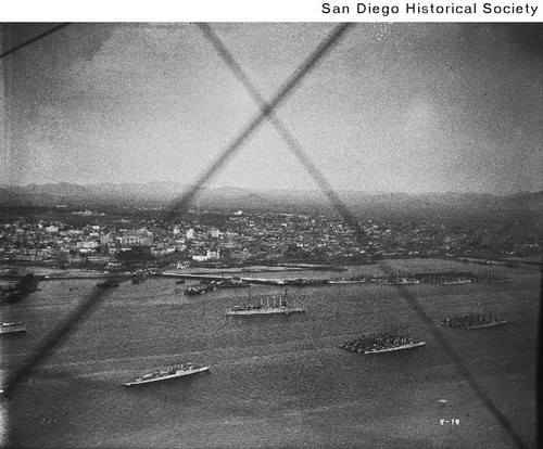 Aerial view of U.S. Navy Destroyers in San Diego Harbor