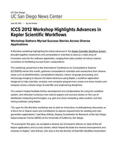 ICCS 2012 Workshop Highlights Advances in Kepler Scientific Workflows