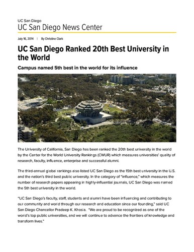 UC San Diego Ranked 20th Best University in the World