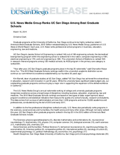 U.S. News Media Group Ranks UC San Diego Among Best Graduate Schools