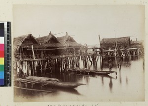 Close-up view of houses on stilts over the sea, Kaile, Papua New Guinea, ca. 1890