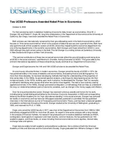 Two UCSD Professors Awarded Nobel Prize in Economics