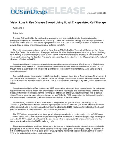 Vision Loss in Eye Disease Slowed Using Novel Encapsulated Cell Therapy