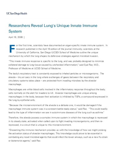 Researchers Reveal Lung's Unique Innate Immune System