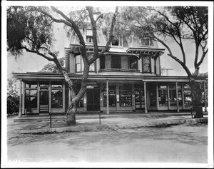 Exterior view of the Sackett Hotel, Store and Post Office on Caheunga Drive and Hollywood Boulevard, ca.1905