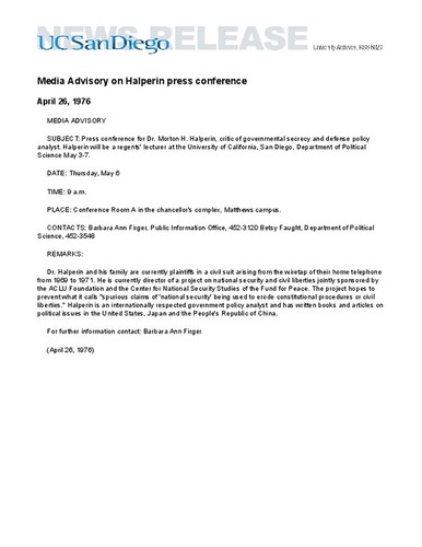 Media Advisory on Halperin press conference