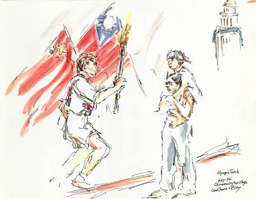 Drawing of the Olympic Torch, April 27, 1996 in Chinatown, by Mary Chaney