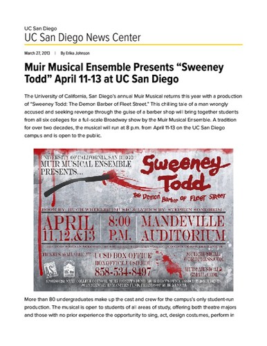 Muir Musical Ensemble Presents "Sweeney Todd" April 11-13 at UC San Diego