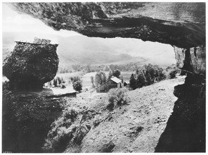 View of the Pulpit Rock, a natural rock formation located near the mouth of Echo Canyon, Echo City, Utah, ca.1900-1930
