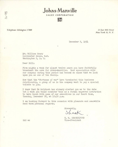 Letter from H.M. Shakelford to Bill Henry, December 2, 1954