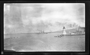 View of Los Angeles Harbor showing the completed breakwater as well as Angeles Gate Lighthouse, 1910