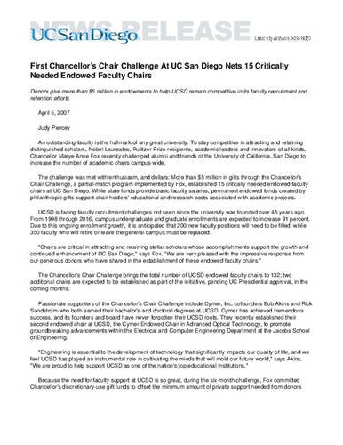 First Chancellor’s Chair Challenge At UC San Diego Nets 15 Critically Needed Endowed Faculty Chairs--Donors give more than $5 million in endowments to help UCSD remain competitive in its faculty recruitment and retention efforts