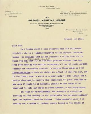 Letter from the Imperial Maritime League to Homer Lea
