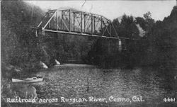 Railroad bridge over Russian River at Cosmo (Hacienda). Russian River recreation and resort area, about 1920