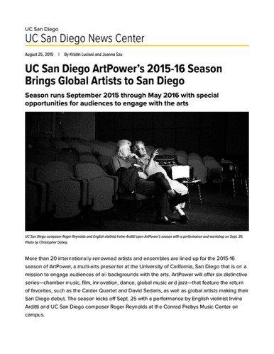 UC San Diego ArtPower’s 2015-16 Season Brings Global Artists to San Diego