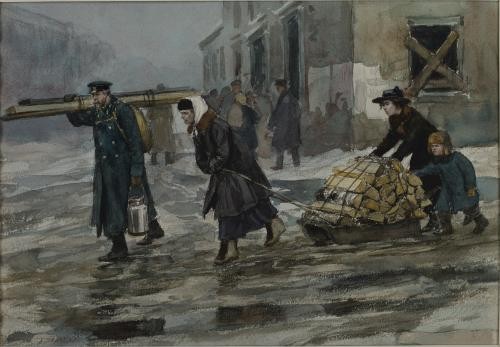 Ivan Vladimirov watercolor of an engineer dragging home fuel with his family