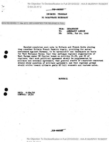 Douglas cable correspondence with Marshall regarding security against Germany