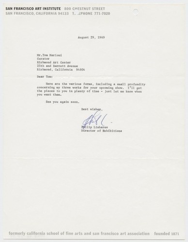 Letter to Tom Marioni from Philip Linhares (The Return of Abstract Expressionism)