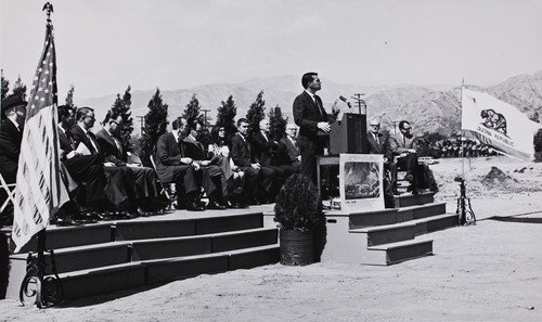 Pete Schabarum speaking at ground breaking for new performing arts center, Citrus College, March 7, 1969
