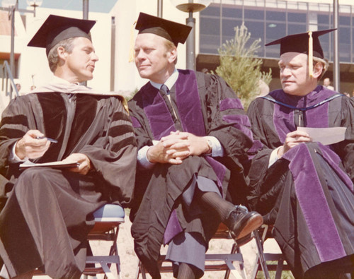 William S. Banowsky, President Ford, and Richard Scaife at the dedication of the Firestone Fieldhouse, 1975