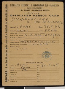 Erna Finci, Displaced Person Card, August 31, 1945 (photocopy)