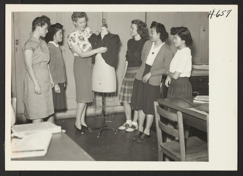 (Left to right) Nell McLean; Chiaki Osumi, Gila River; instructor Ella Woodrow; Paula Rider; Ruth Michiko Kodama, Colorado River; and