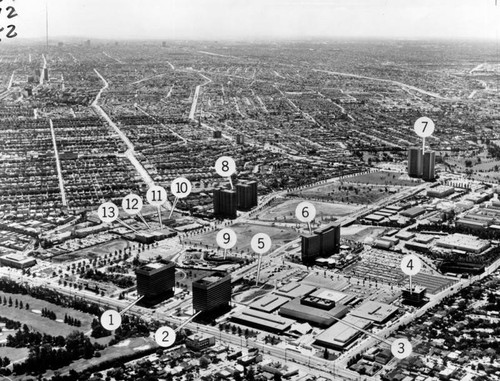 Aerial view of Century City buildings