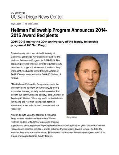Hellman Fellowship Program Announces 2014-2015 Award Recipients