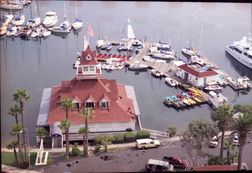 Aerial view of the Coronado Boathouse looking east over bay, 2001