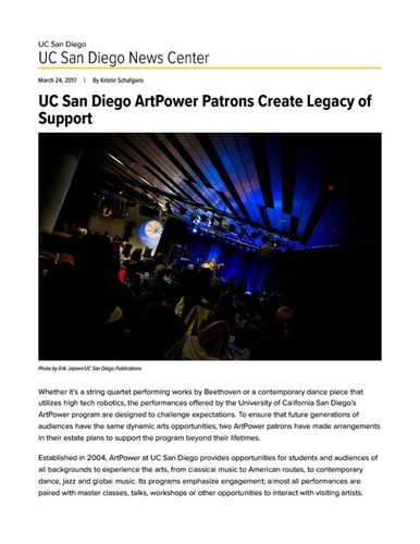 UC San Diego ArtPower Patrons Create Legacy of Support