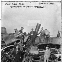 Copy print of the staged "train wrecks" conducted annually at the California State Fair. They were also know as the "Locomotive Collision Spectacle"