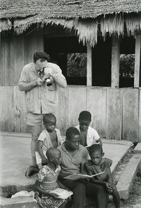 Alain Hutter filming some pupils, in Lambarene, Gabon