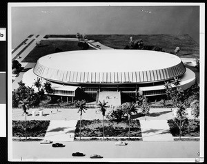 Architectural model of completed L.A. Sports Arena in Exposition Park, 1958