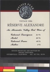 Geyser Peak vintage 1984 Reserve Alexandre : an Alexander Valley red wine of cabernet sauvignon (41%), merlot (40%), cabernet franc (16%), Malbec (3%); alcohol 12.5% by vol
