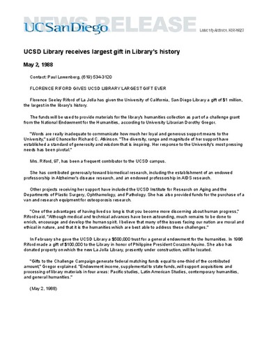 UCSD Library receives largest gift in Library's history