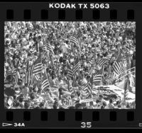 Flag-waving crowd at GOP rally in the Pacific Amphitheater in Costa Mesa, Calif., 1986