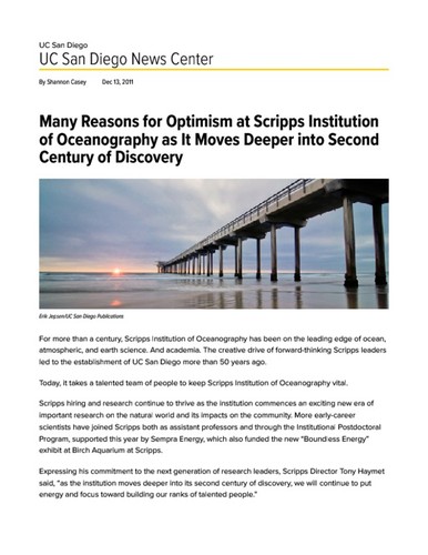 Many Reasons for Optimism at Scripps Institution of Oceanography as It Moves Deeper into Second Cent
