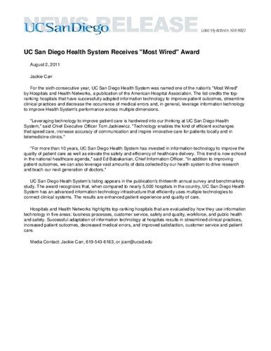 UC San Diego Health System Receives "Most Wired" Award