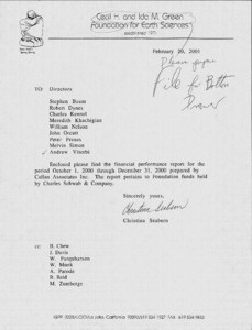 Memorandum, William E. Nelson to Directors, Cecil H. and Ida M. Green Foundation for Earth Sciences, August 8, 2000