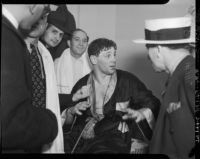 Heavyweight boxer Bob Pastor before a fight with Bob Nestell at Wrigley Field, Los Angeles, 1937