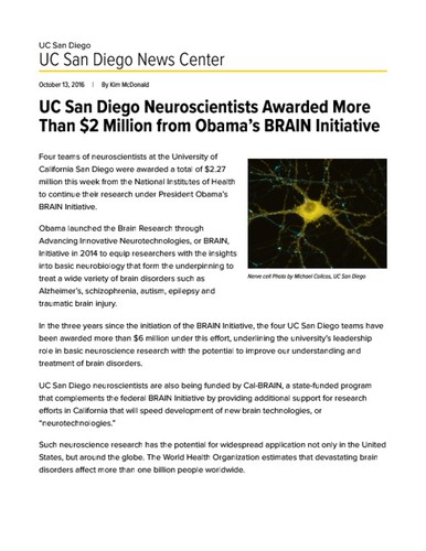 UC San Diego Neuroscientists Awarded More Than $2 Million from Obama’s BRAIN Initiative