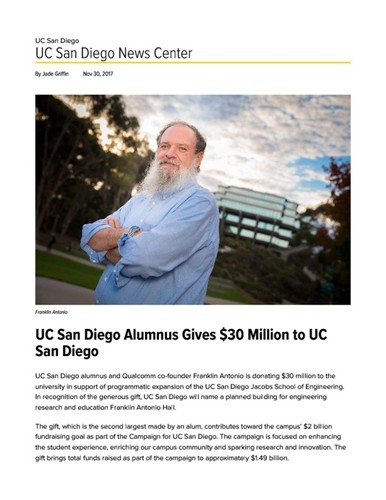 UC San Diego Alumnus Gives $30 Million to UC San Diego
