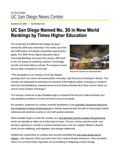 UC San Diego Named No. 30 in New World Rankings by Times Higher Education