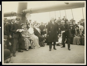 A court session at sea, showing a passenger charged with smoking alfalfa, during the Los Angeles Chamber of Commerce's voyage to Hawaii, 1907